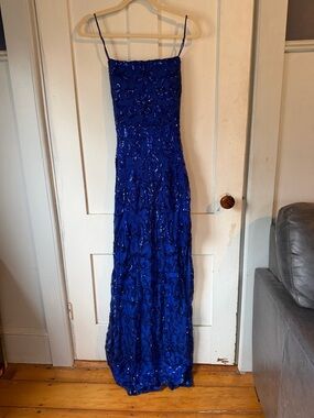 Windsor Cobalt Blue Beaded Spaghetti Strap Prom Dress